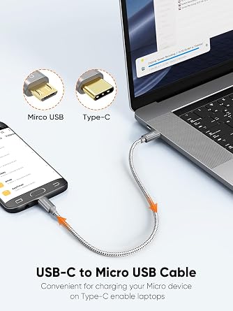 CableCreation Short USB C to Micro USB Cable 0.65 FT, Braided USBC to MicroUSB OTG 480Mbps Cord for Wall Chargers, MacBook Pro, Air, Galaxy S22, S21, Pixel 5/4/3 & More, 0.2M Space Gray