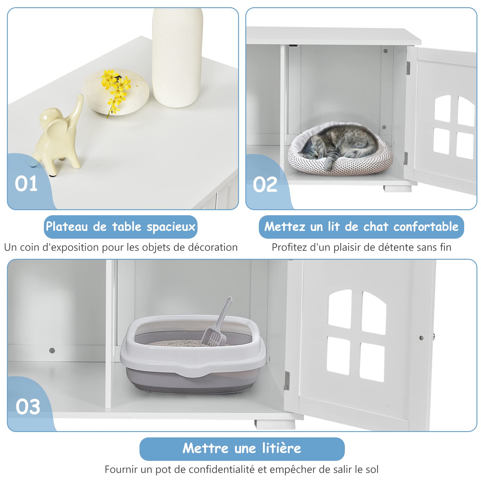 COSTWAY Maison Litiere pour Chat avec Double Portes, Meuble Litiere Chat, Fenêtres Entrée Latérale en Option Ventilée avec Couchage en Bois, Charge 20kg (Blanc)
