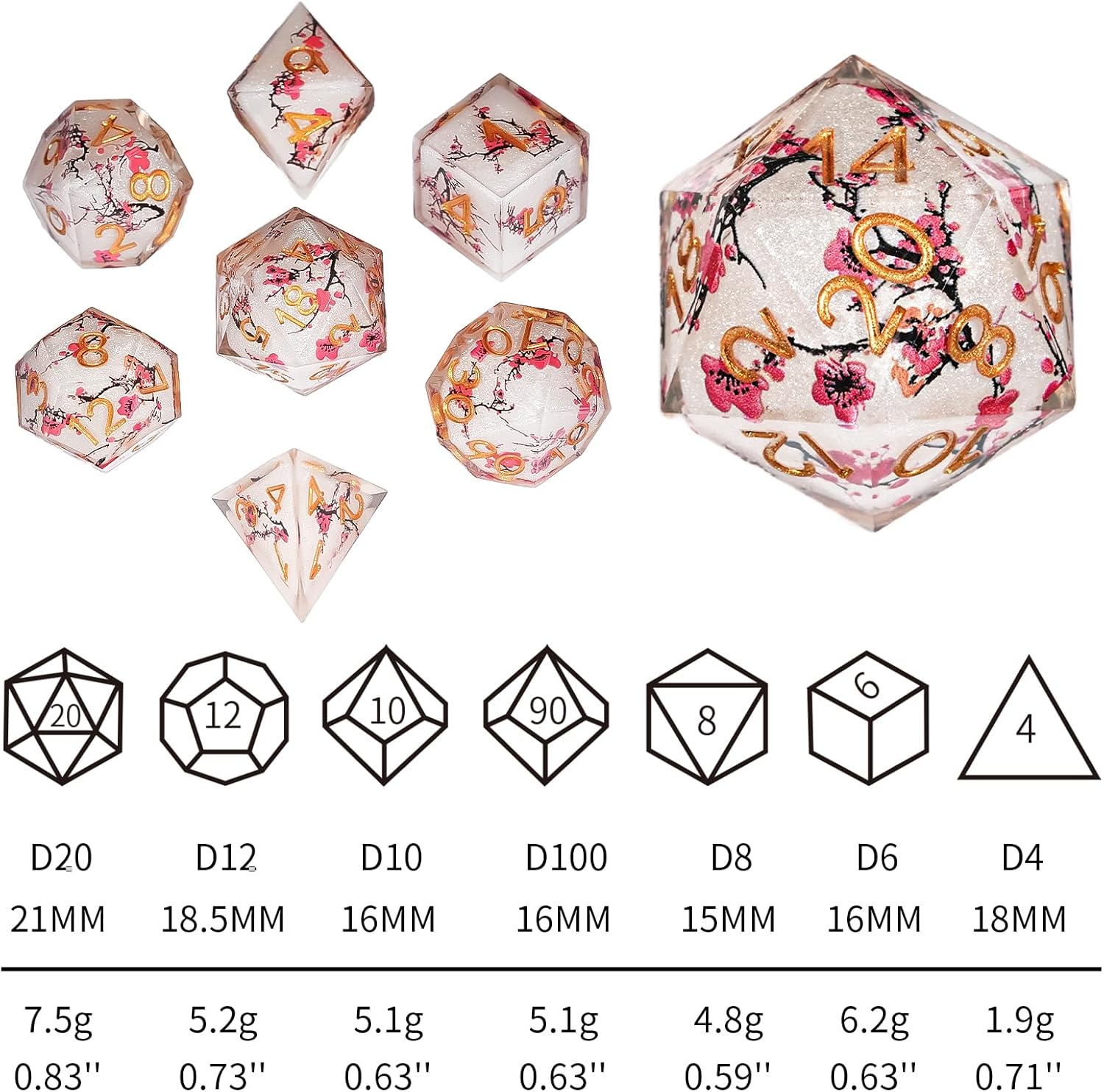 DND Dice Set 7-Pcs, Sharp Edge Plum Flower Style Resin Dice Polyhedral Resin Sharp Edge Dice for Roleplaying Games Dungeons and Dragons RPG MTG Table Games（Plum Flower）