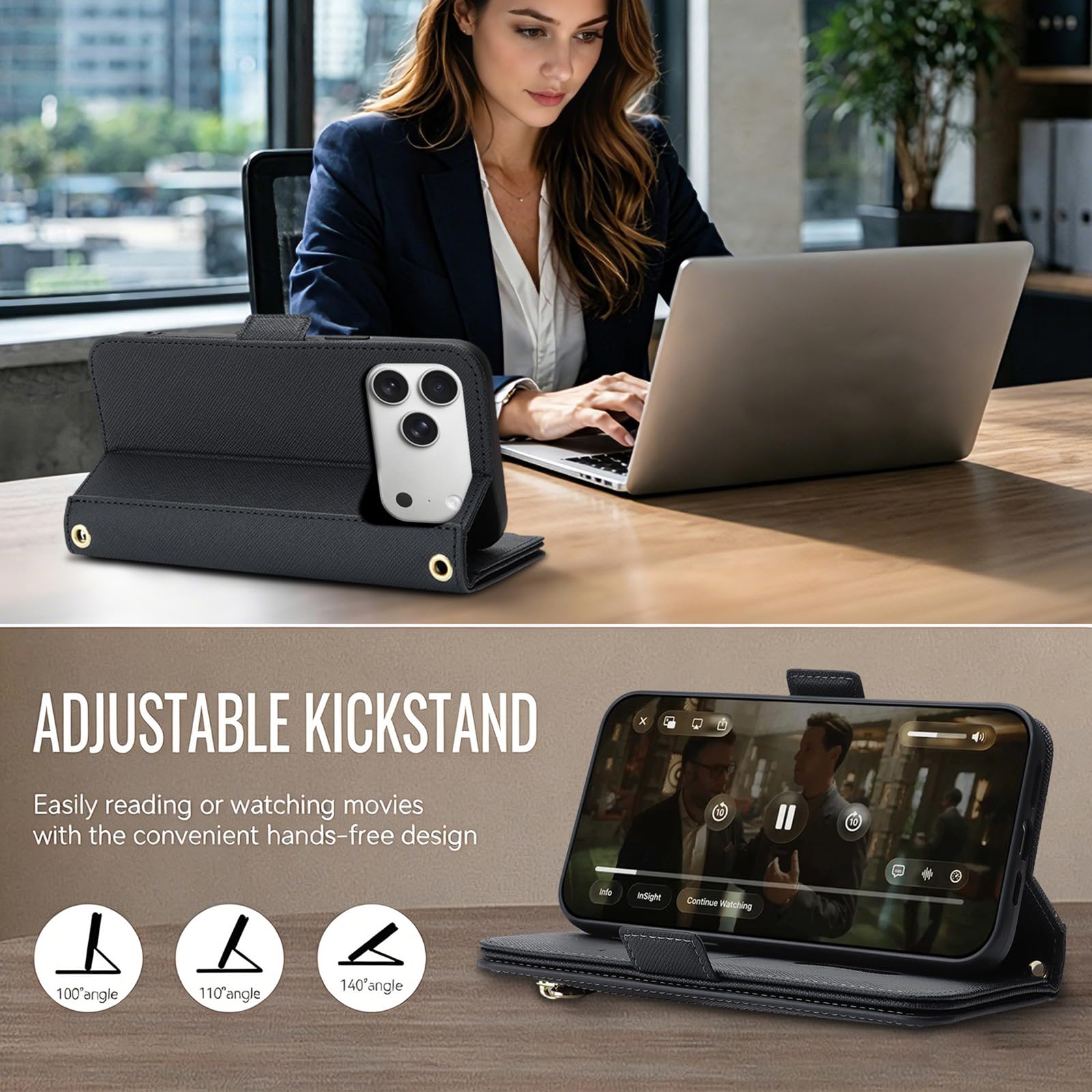 Etui crossbody do iPhone 17 Pro Max/17 Pro/17 Air/17, skórzany pokrowiec z klapką na zamek błyskawiczny, z funkcją lusterka do makijażu, podpórka, miąższ, 17 Air