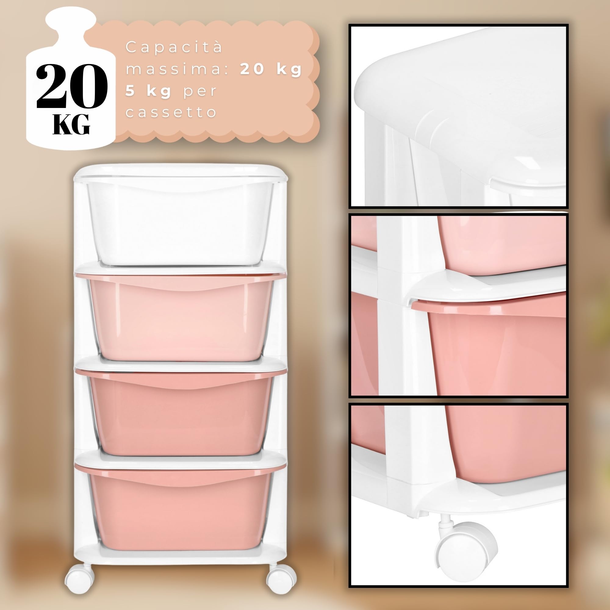 SPRINGOS Scaffale in plastica con 4 cassetti su ruote per giocattoli e accessori, organizzatore mobile per camera dei bambini e bagno