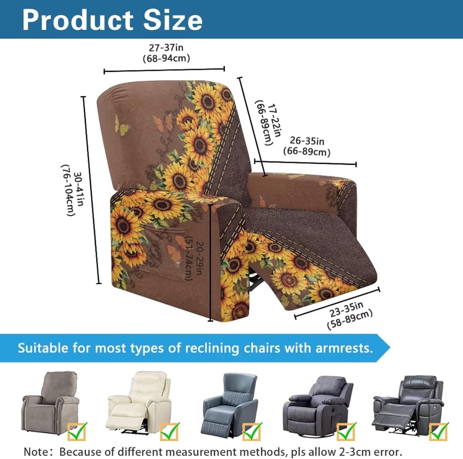 Butterfly Sunflower Leather Texture Print Chair Cover for Recliner 4-Pieces Stretch Slipcover Set Non Slip Reclining with Storage Pockets Furniture Protector Washable for Living Room