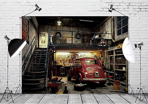 Miniatura 3 de HANYING Telón de fondo de taller de reparación de automóviles de 7 x 5 pies, fondo fotográfico retro de garaje, mecánico clásico para decoración de