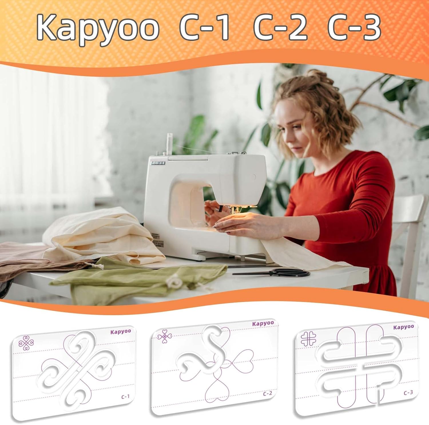 3Pcs Free Motion Quilting Templates with Non-Slip Grips, Quilting Ruler and Templates for Industrial & Domestic Machines Reusable Stencils for DIY Quilt Designs (25 Series C)