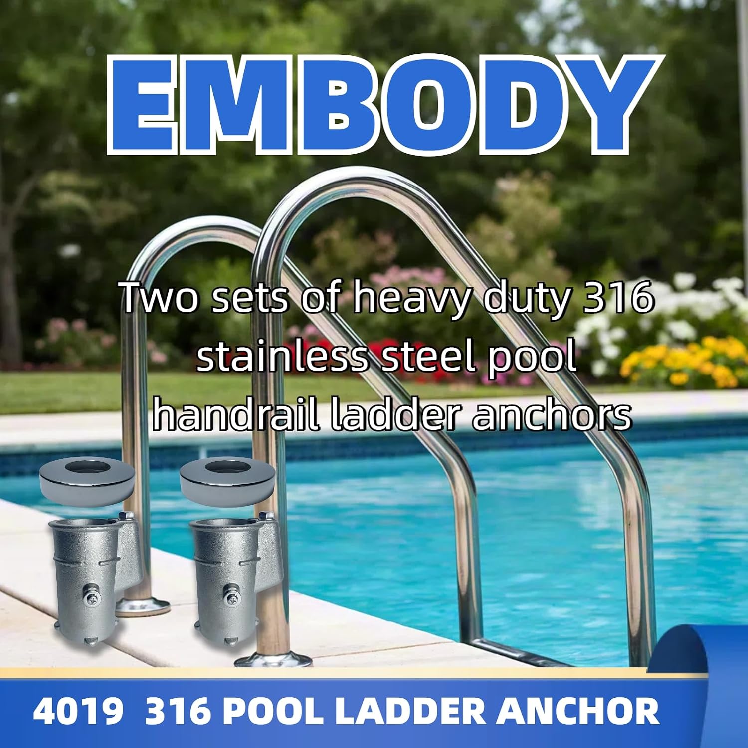 Premium 316 Stainless Steel Pool Ladder Anchor Set - 4' Inground Pool Anchor with Escutcheon Ring for 1.90'' Pipe Pool Guide 2 Piece Set