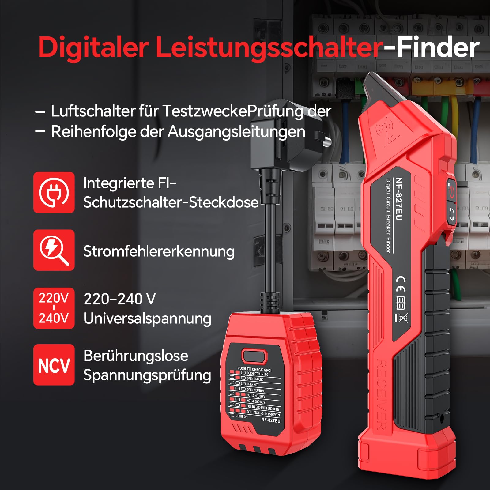 NOYAFA NF-827EU - Rilevatore di sicurezza, dispositivo di ricerca del circuito, tester di tensione senza contatto (con tester per presa da 230 V Schuko), tester di fase NCV, rapida identificazione