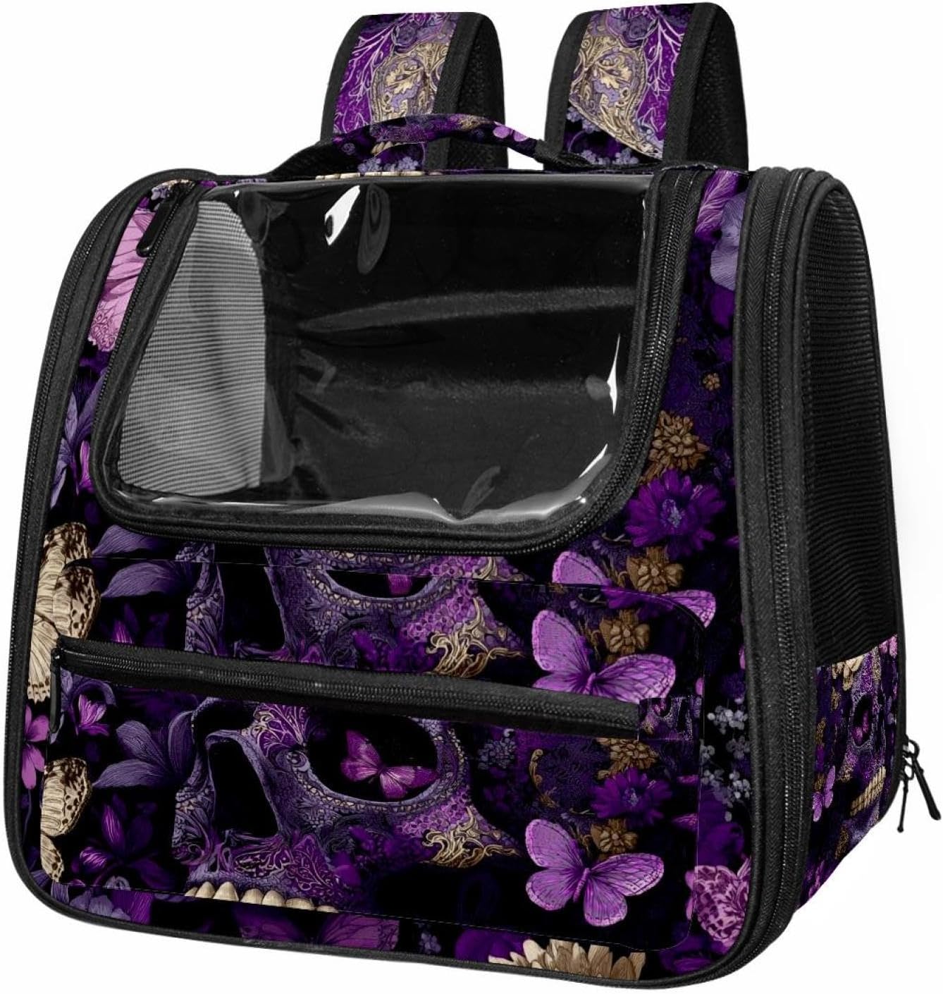 Portable Travel pet Backpack Carrier Hamster Bag Small Dog cat Carrier Breathable Hang Bag, Skull Purple Butterflies