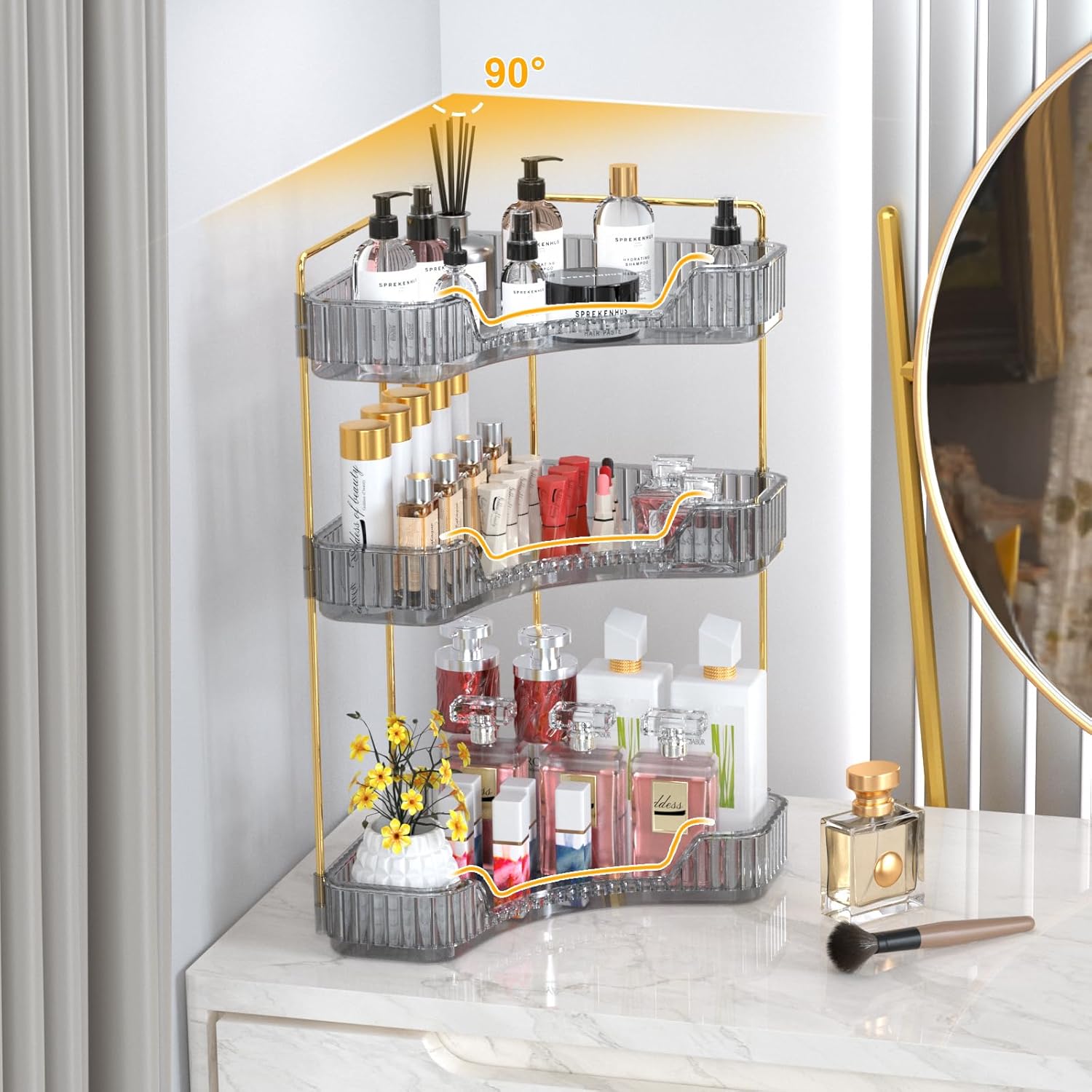 GTI 3-Tier Corner Bathroom Counter Organizer, Large Capacity Makeup Organizer Countertop, Perfume Cosmetics Skincare Vanity Organizers, Exquisite Countertop Storage for Women (Gray)