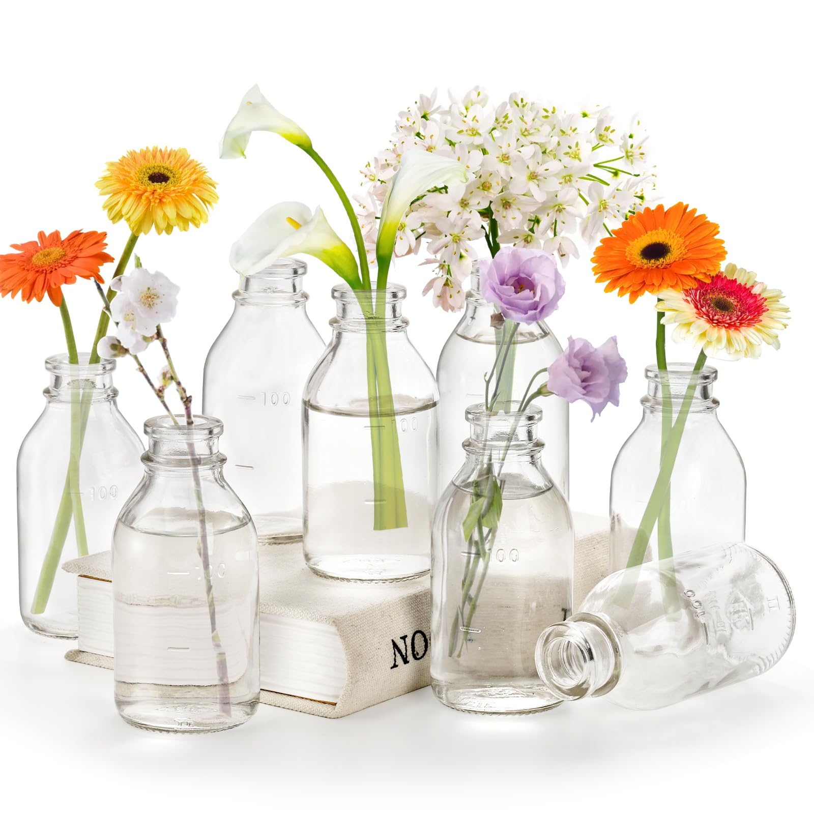 Okllen Set of 12 Glass Bud Vase, Small Milk Bottle Flower Vases Decorative Glass Bottles, Vintage Bud Vases Centerpiece for Home Decor Wedding Reception, Clear