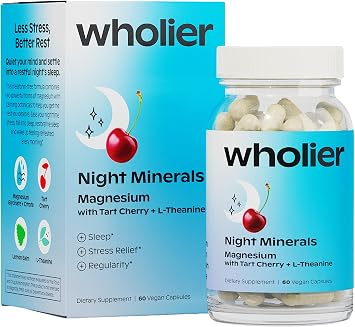 wholier Night Minerals, Magnesium Glycinate + Citrate with L Theanine, Tart Cherry & Lemon Balm, Melatonin Free Natural Sleep Support Supplement for Adults, Vegan, Gluten Free, Non GMO, 60 Capsules