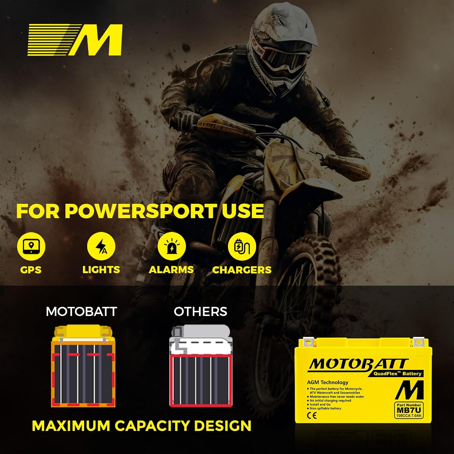 MotoBatt 12 Volt 6.7 Ah MB7U Sealed Maintenance Free AGM Battery Replaces - YT7B-BS/YT7B-4