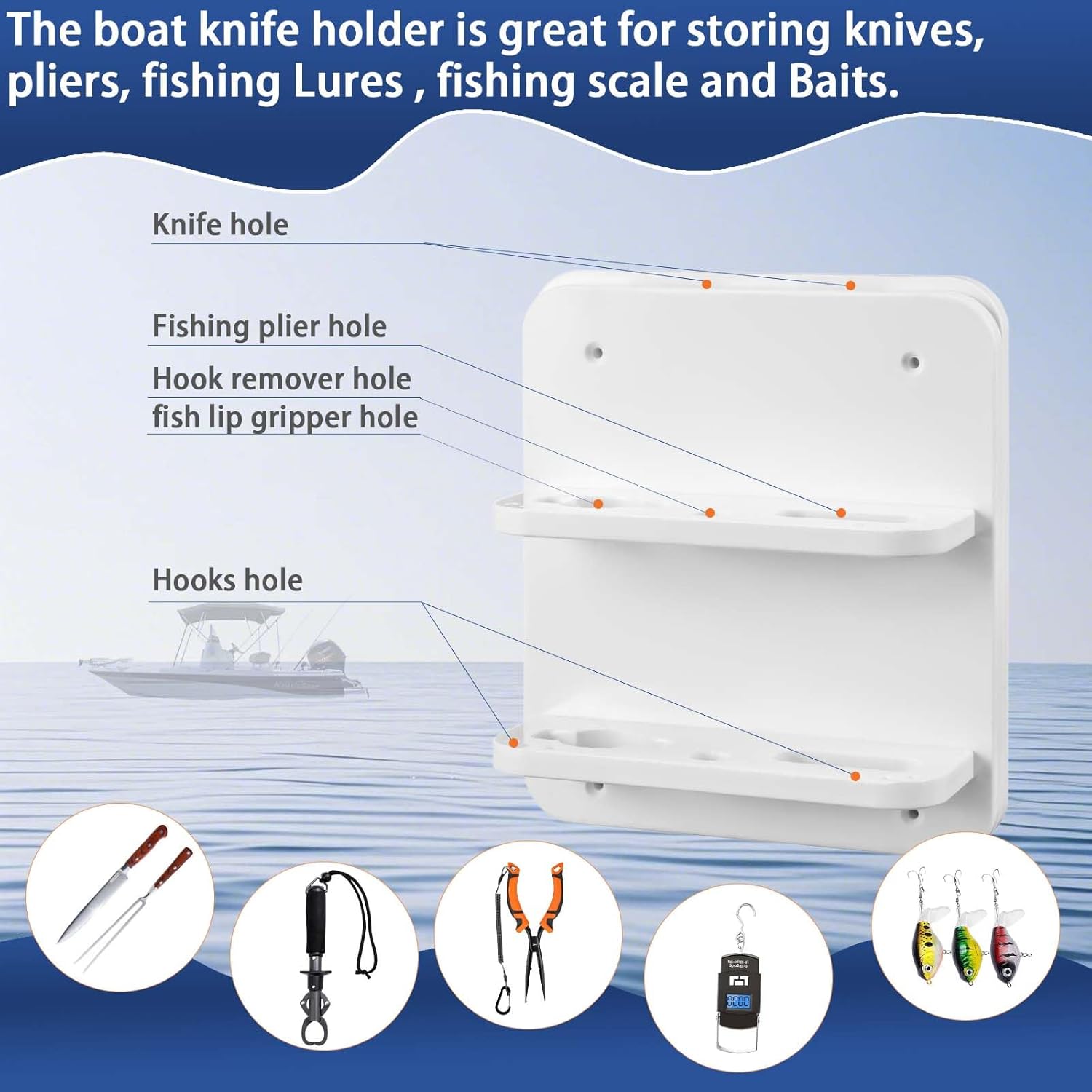 Boat Knife and Plier Holder, Polymer Marine Storage Organizer, Boat Tool Holder Fit for Fishing Tools, Lures and Baits (Close knife rest)