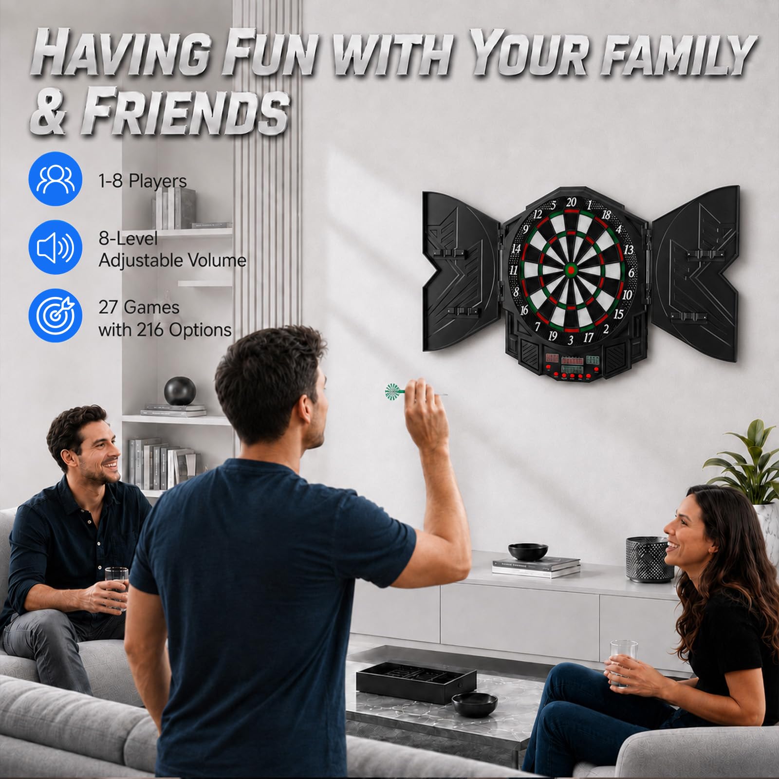 Elektronische Softdartscheibe, 27 Spiele, 216 Optionen, 1-8 Spieler