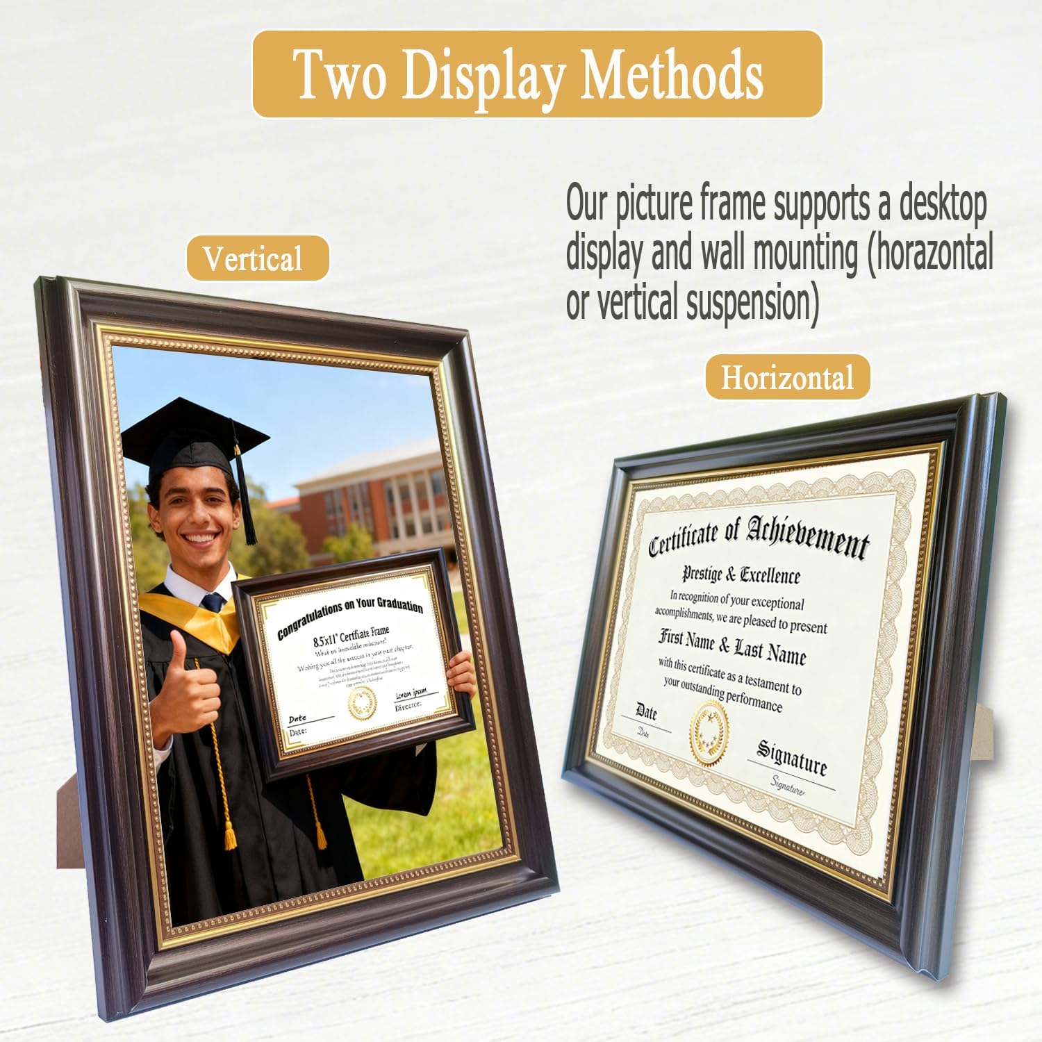 8.5x11 Diploma Frame for Wall and Tabletop - Classic Walnut Brown Certificate Display with Gold Bead Accents, Gold Trim & HD Plexiglass, Degree Document Frame
