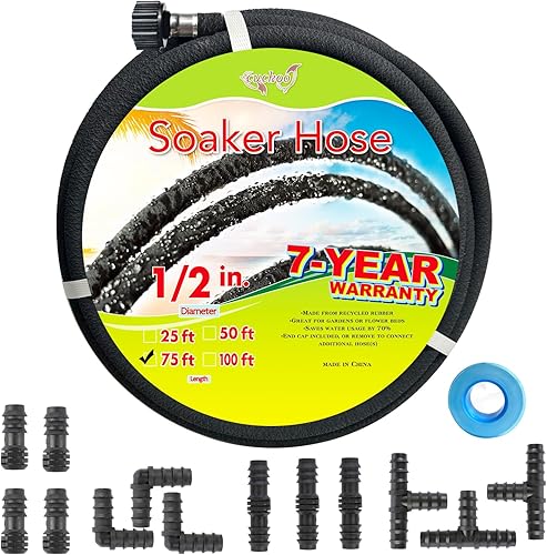 Cuckoo Manguera de remojo de 75 pies con manguera de remojo de 12 pulgada de diámetro con manguera de goma resistente para riego. Ahorra un 70% de