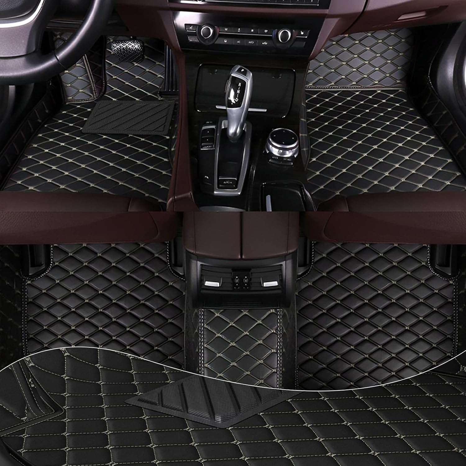 Car Mats Full Set for Model S Floor Mats 2014-2015,All Weather Tech Mats for Cars,Leather Car Floor Mats,Non-Slip Automotive Floor Liners,Black Beige
