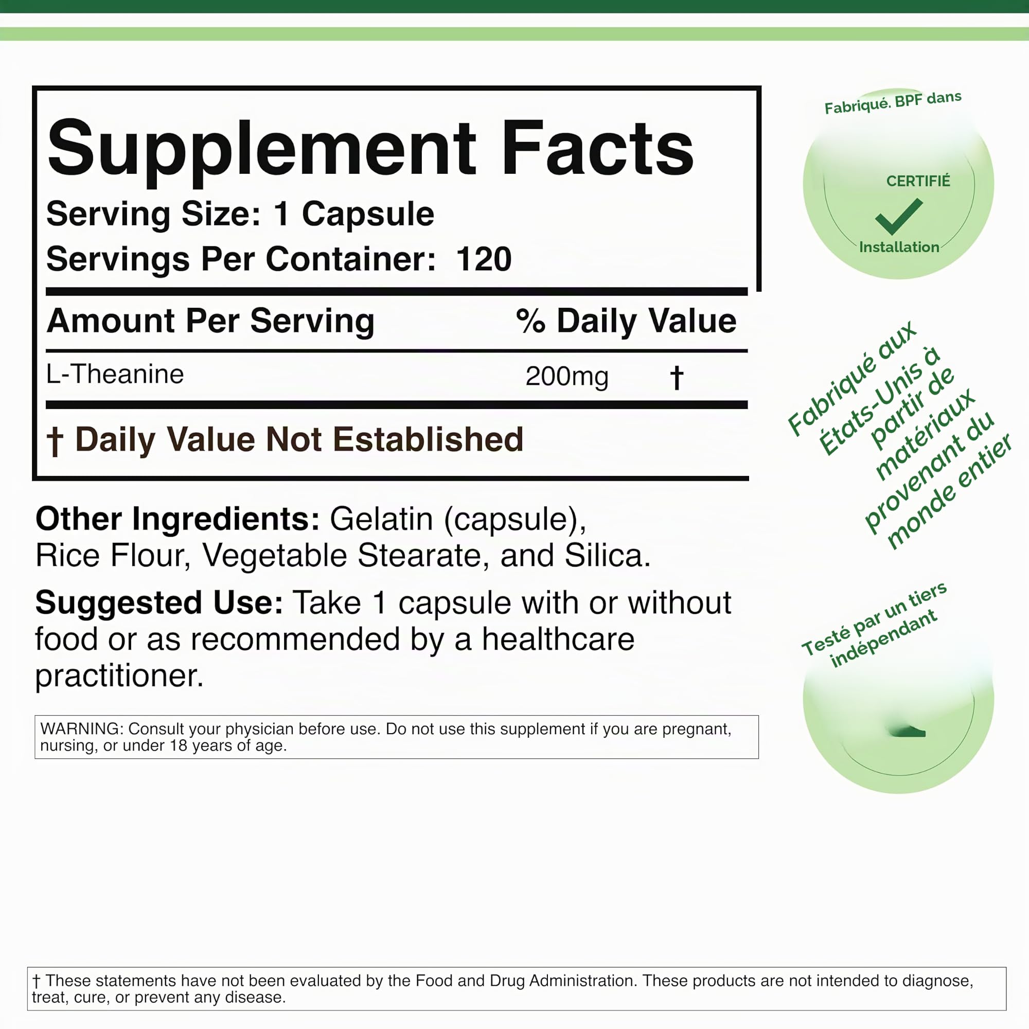 L-théanine 200 mg 60 capsules Testé par des tiers Fabriqué aux États-Unis