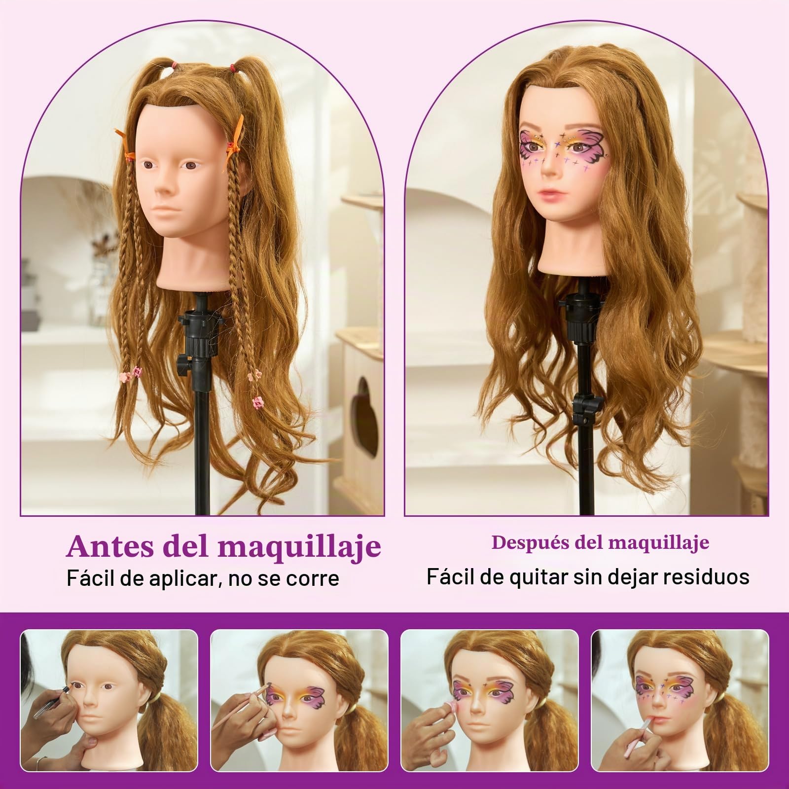 Neverland Cabeza Maniqui de Peluqueria 71cm - Cabeza Muñeca para Peinar y Maquillar Con 60% de Pelo Natural, Accesorios de Peinado, Pestañas y Soporte de Mesa (Rubio)