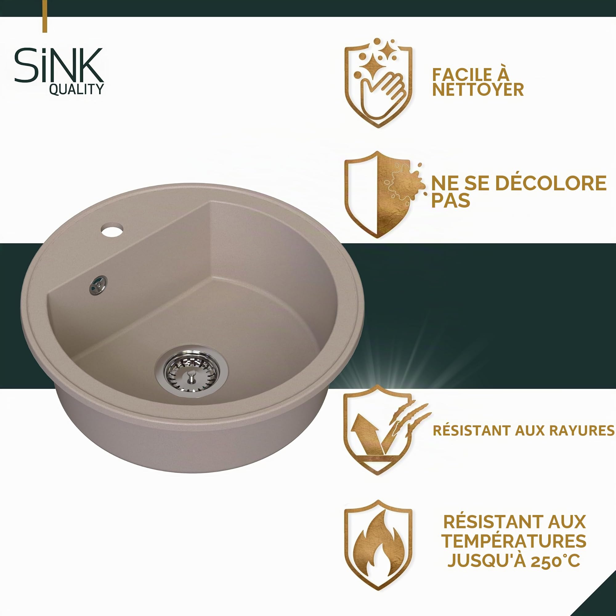 SINK QUALITY Évier rond beige Ø 51 cm – Siphon et imprégnant inclus – Évier de cuisine rond en granit – Évier en granit beige pour armoires basses à partir de 55 cm de largeur – Évier encastrable en