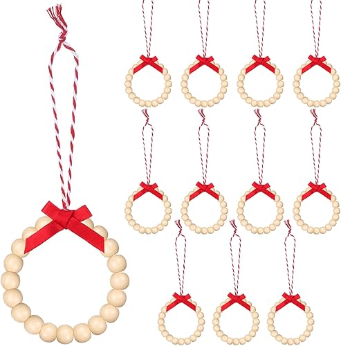 12 piezas de adornos redondos de madera para árbol de Navidad, adornos bohemios para árbol de Navidad, cuentas de madera con lazo para casa de