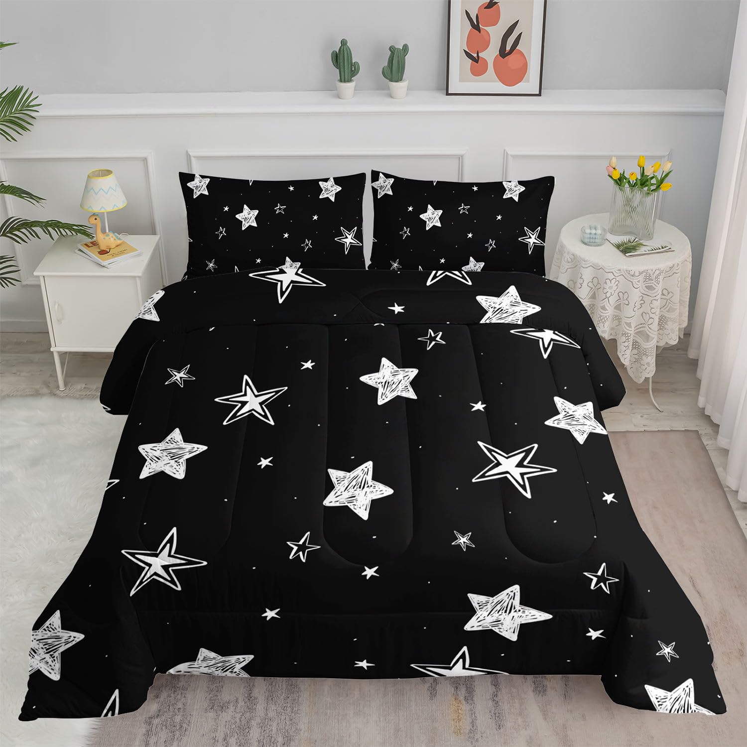 Smell Sunshine Black and White Stars Comforter Set Starry Printed Bedding Set with 1 Comforter and 2 Pillowcases for Boys and Girls Bedroom All Season