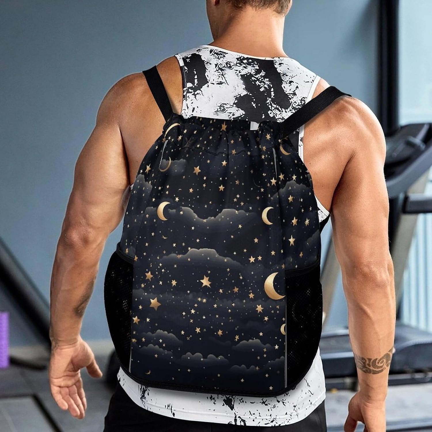 Stars And Moon on Dark Background Drawstring Backpack with Wet Pocket - Large Capacity Gym Bag with Shoe Compartment & Mesh Pockets, Adjustable Lightweight Gym Backpack for Swimming, Travel, Workout