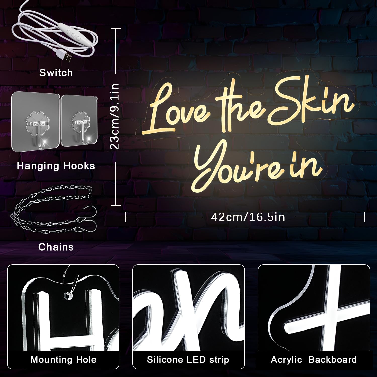 LMSIGNLY Love the Skin You're in Neon Sign Facial Spa Neon Light for Wall Decor Warm White Letters LED Sign Beauty Salon Sign for Business Skin Care Salon Beauty Shop Decorations - Image 2