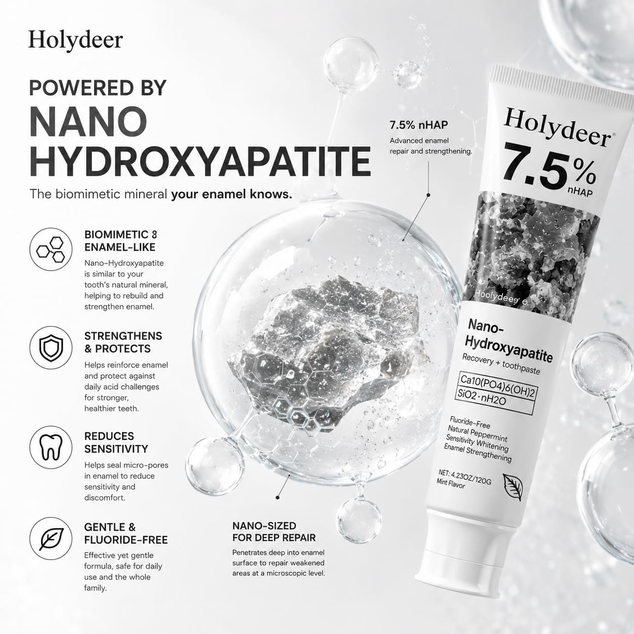 Nano Hydroxyapatite Toothpaste – Fluoride-Free Whitening Toothpaste for Sensitive Teeth, Fresh Breath & Daily Enamel Care – Mint Flavor, 4.23 oz 2PK image 3