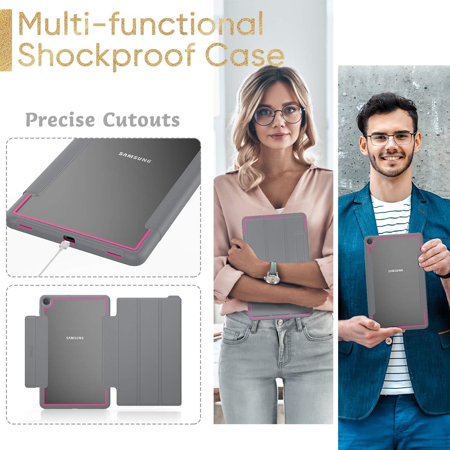 SEYMAC stock Case for Galaxy Tab A 10.1, 3-Layer Lightweight Shock-Proof Cover with [Screen Protector] Stand [Clear Back] for Samsung Galaxy Tab A 10.1 SM-T510/T515/T517 (Gray/Rose)