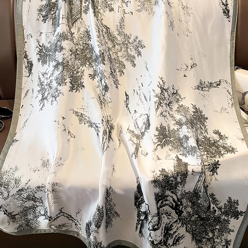 Image of Premium Silk Stole for Women | Lightweight Printed Silk Scarf & Hijab | Elegant Party (72 x 36 Inch) (Black and White Tree Print)