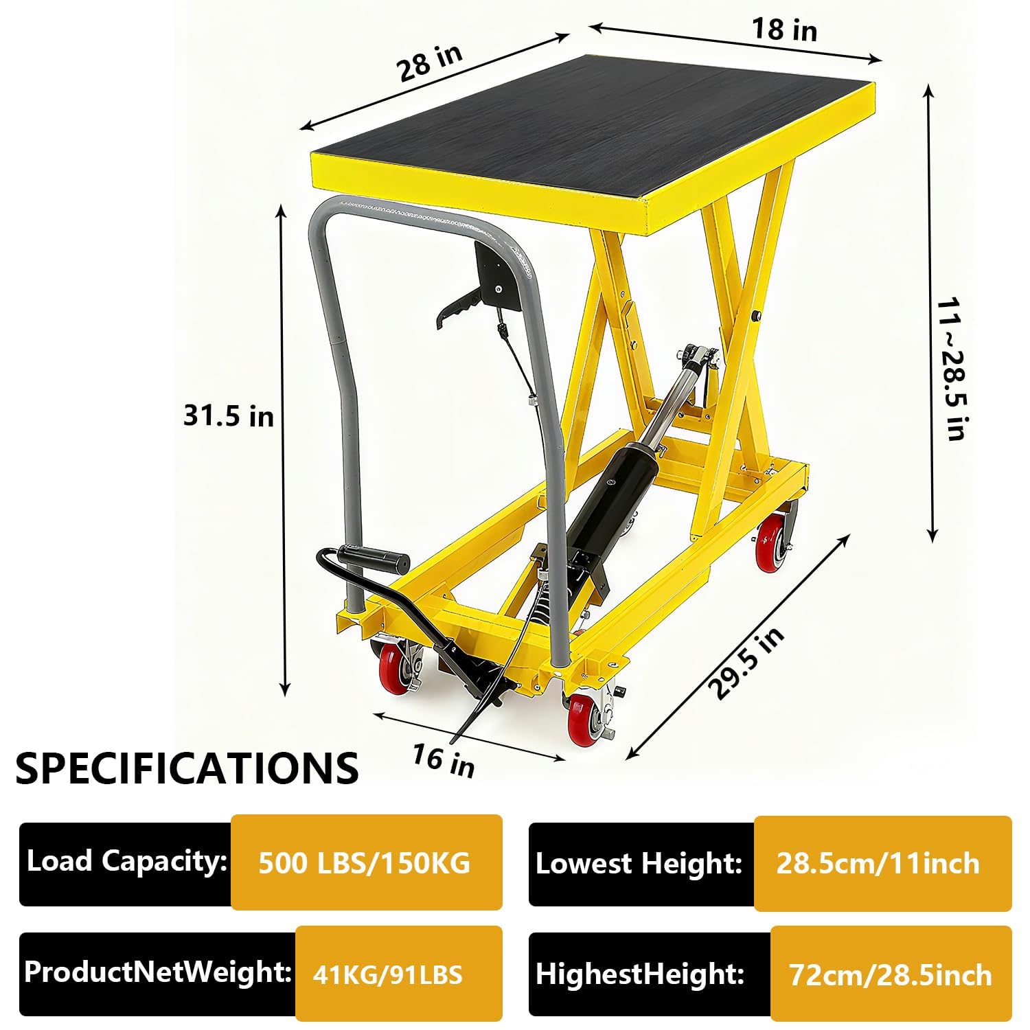 Chariot Table élévatrice hydraulique à Ciseaux 500 kg, Jaune