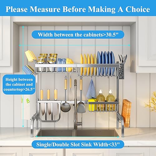 Miniatura 8 de Escurridor de platos ajustable sobre el fregadero, acero inoxidable (25.5 a 33.5 pulgadas), 2 niveles para encimera de cocina con soporte para
