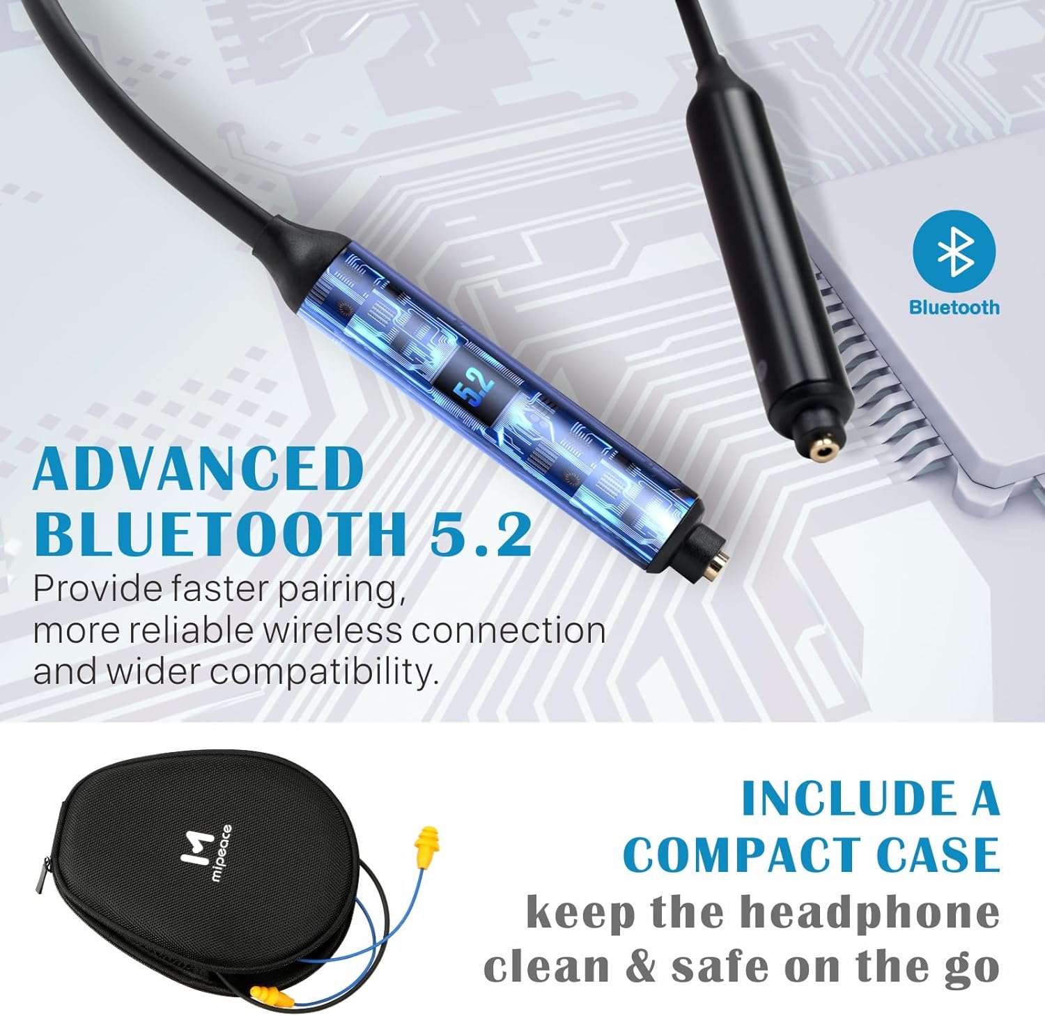 MIPEACE Bluetooth Earplug Headphones with 2 Replacement Earbuds Cables (Black & Orange) 29dB Noise Reduction Safety, Neckband Design, 19+ Hour Battery, Includes for Lawn Mowing, DIY, and Work