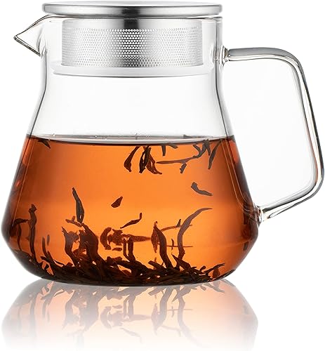 CNGLASS One-Touch Glass Teapot,20oz(600ml) Glass Tea Kettle with Stainless Steel Filter Lid,Stovetop Safe Tea Maker for Loose Leaf Tea