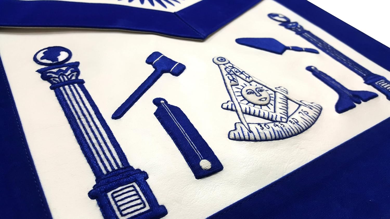 BRICKS MASONS Past Master Blue Lodge Apron - Hand Embroidered with White Silk Threads