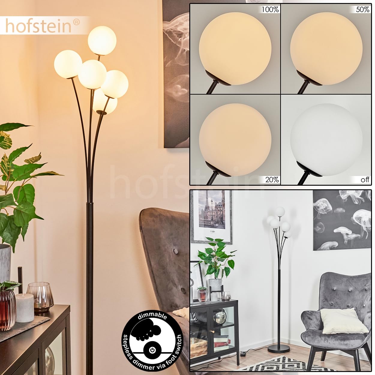 Stehleuchte Bernado, dimmbare Stehlampe aus Metall/Glas in Schwarz/Milchglas, Standleuchte mit Glaskugeln (Ø 12 cm), Höhe 174,5 cm, stufenlos dimmbar über Fußschalter, 5 x G9, ohne Leuchtmittel