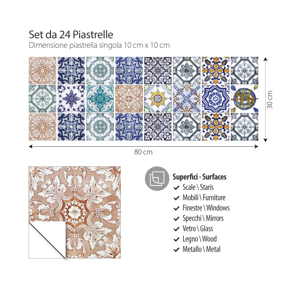 RE-COVERTILES - Adesivi per Piastrelle Bagno e Cucina 24 Pz 10x10 cm - PS00004 Decorazione murale in PVC impermeabile mattonelle mosaico stile cementine Azulejos