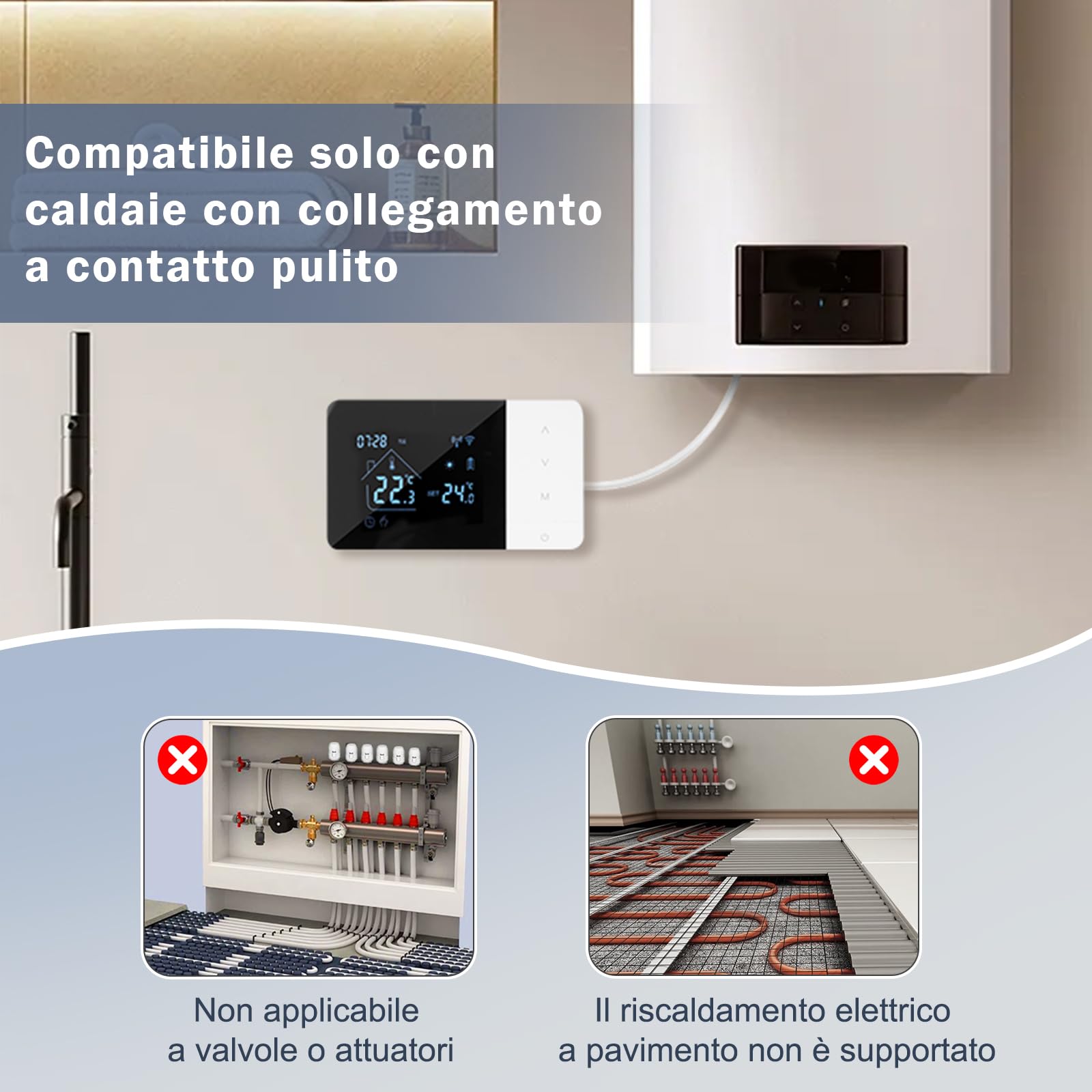 Termostato Caldaia, WIFI Termostato domestico digitale programmabile, Alimentato a batteria, Caldaia 2 fili compatibile con controllo vocale di Google e Alexa