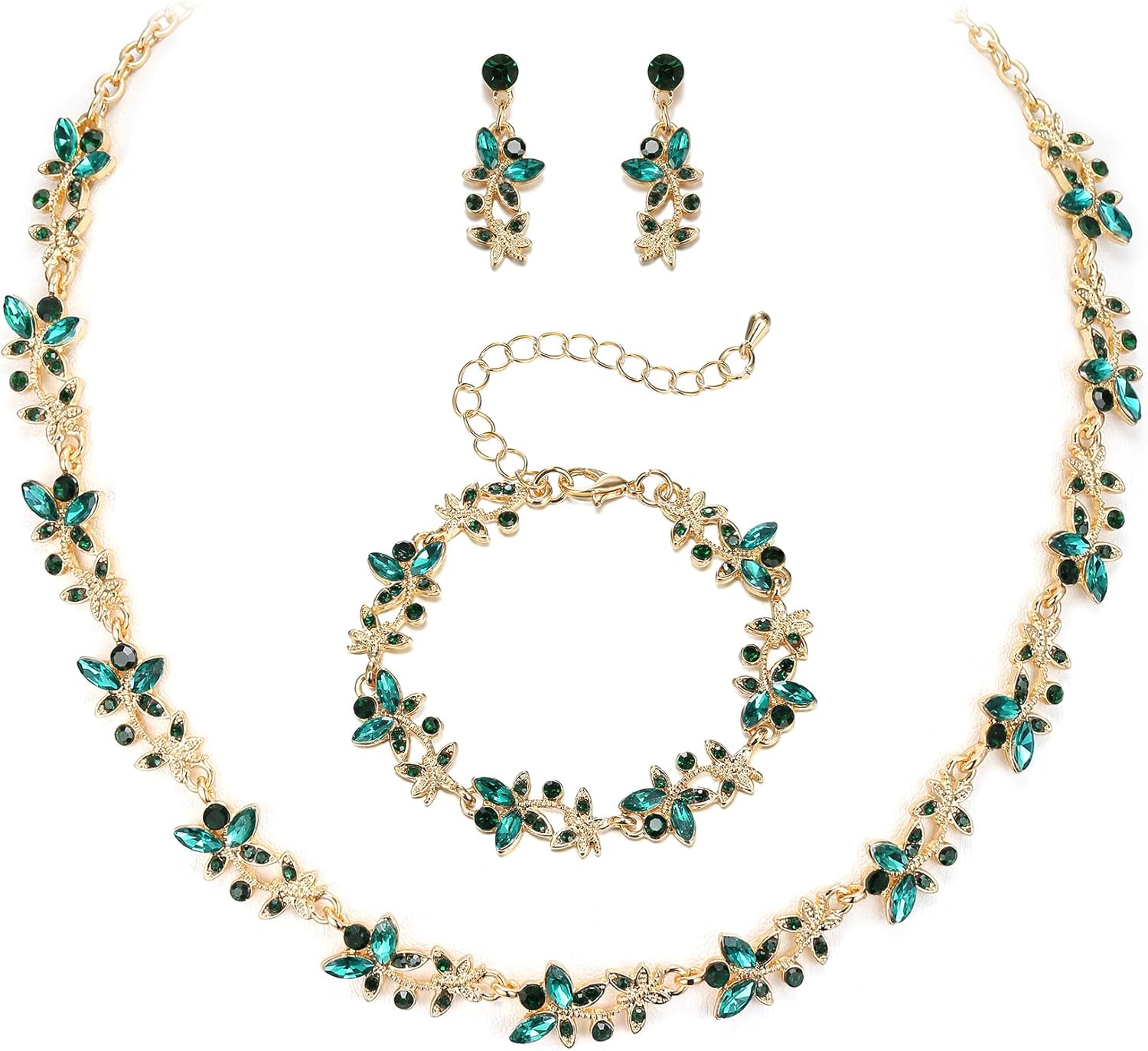 BriLove Women's Wedding Jewelery Set Leaf Flower Shiny Gorgeous Crystal Marquise Butterfly Cluster Statement Necklace Link Bracelet Dangle Earrings for Bridal Party Prom Accessories