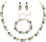 BriLove Wedding Jewelry Set for Brides, Rhinestone Crystal Flower Leaf Cluster Choker Necklace Link Bracelet Stud Earrings for Bridal Women Bridesmaid