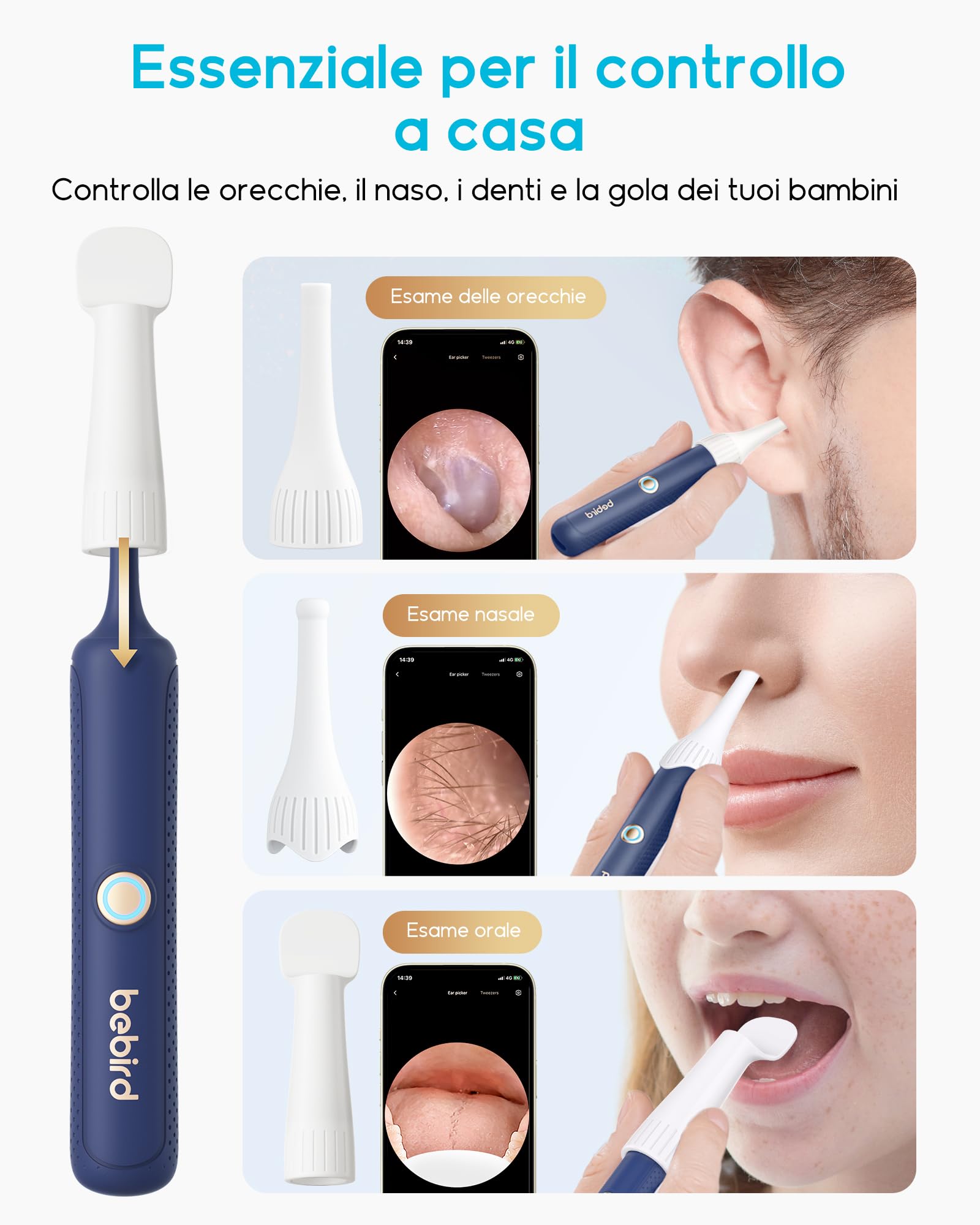 Bebird Otoscopio Digitale, 1920P HD Flessibile Pulisci Orecchie con Telecamera, Kit Rimozione Cerumeper Orecchie/Naso/Gola, Pulizia Orecchie con Pinzette, Punte Sostituibili per Adulti e Bambini