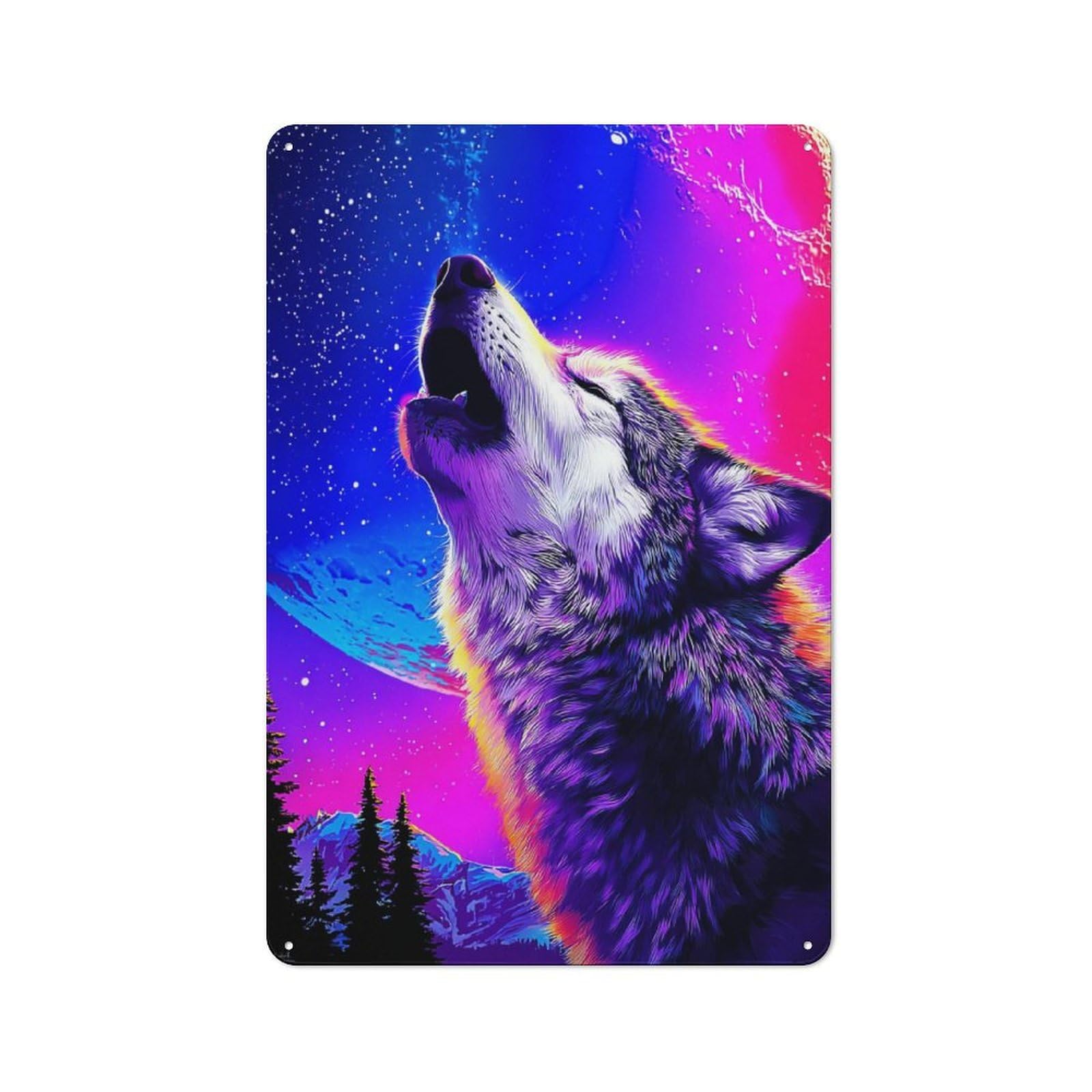 Junmoney Neon Wolf Howling At The Moon -1 Tin Wall Plaque 30X20cm With For Hallway Wall, With Clear Retro Wall Decor Character