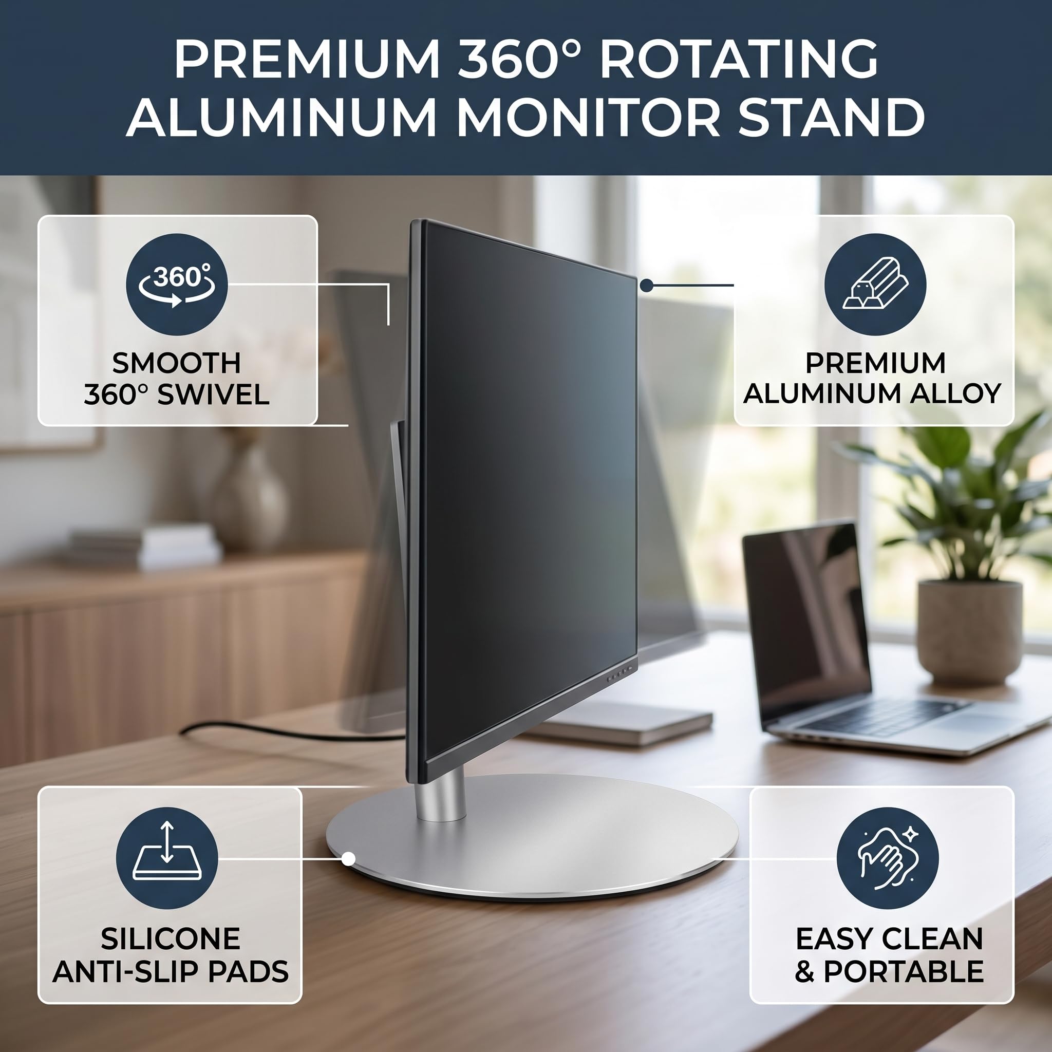Base girevole per monitor per computer 360 °, 8.5in Supporto per giradischi per monitor in lega di alluminio argento silicone antiscivolo per computer, laptop, piante in vaso, arte e artigianato