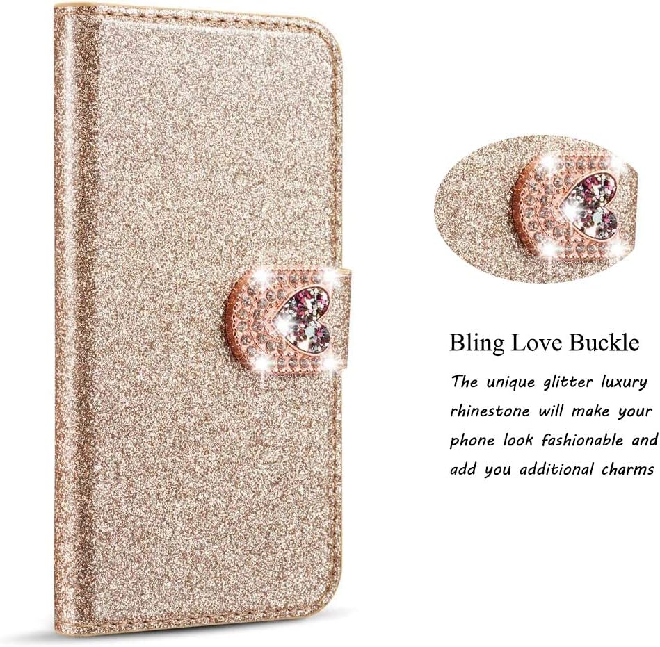 ZCDAYE Case for iPhone 5 5S SE,Bling Glitter [Magnetic Closure] PU Leather Flip Wallet [Love Diamond Buckle][Card Slots][Kickstand] Soft TPU Cover for Apple iPhone 5/5S/SE (Gold)