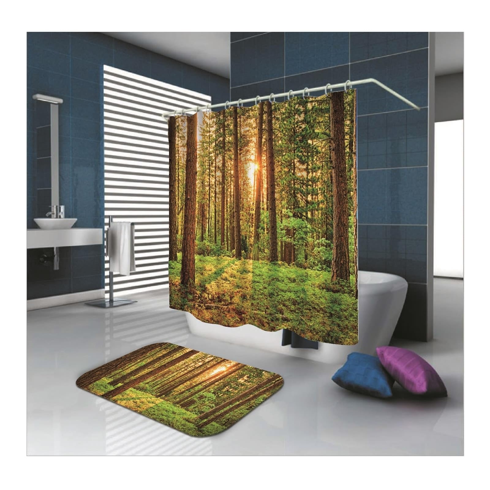 Rideau de douche imperméable contre les moisissures motif forêt vert