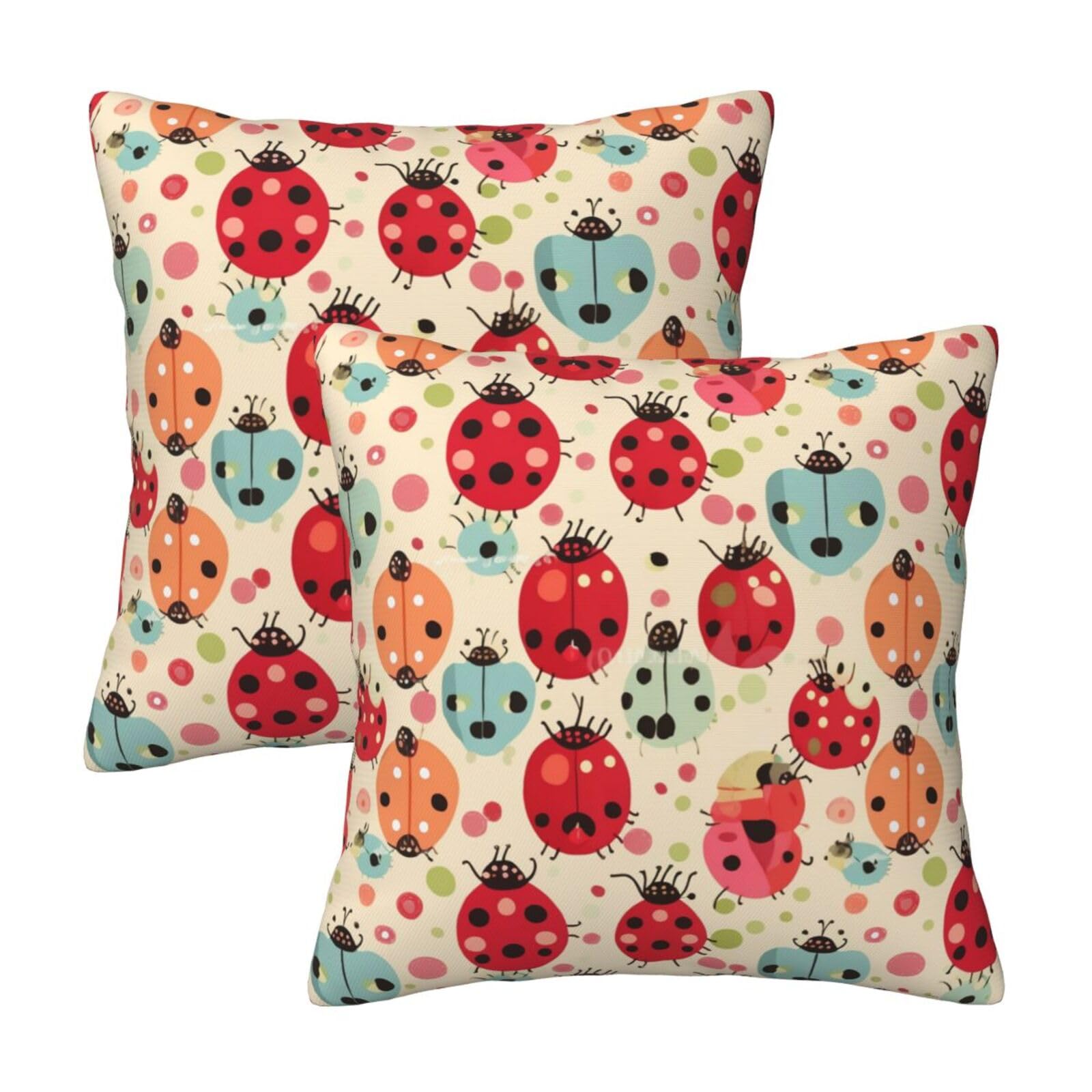 Ladybugs Cartoon Pattern Throw Pillow Cases 2 Pack Square Pillowcases Soft Pillow Protectors for Couch Livingroom Sofa Bed Office Car,40x40 CM