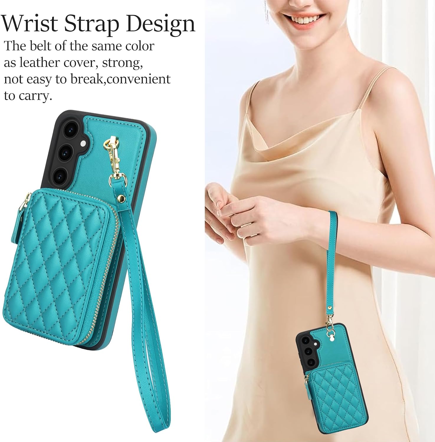 Phone Case for Samsung Galaxy S23 FE 5G Wallet Cell Cover with Tempered Glass Screen Protector Wrist Crossbody Strap Stand Lanyard RFID Blocking Credit Card Holder S 23 EF S23FE 23S Women Girls Green