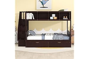 Roomy Twin Over Twin Bunk Bed with Stairs for Space-Saving Fun