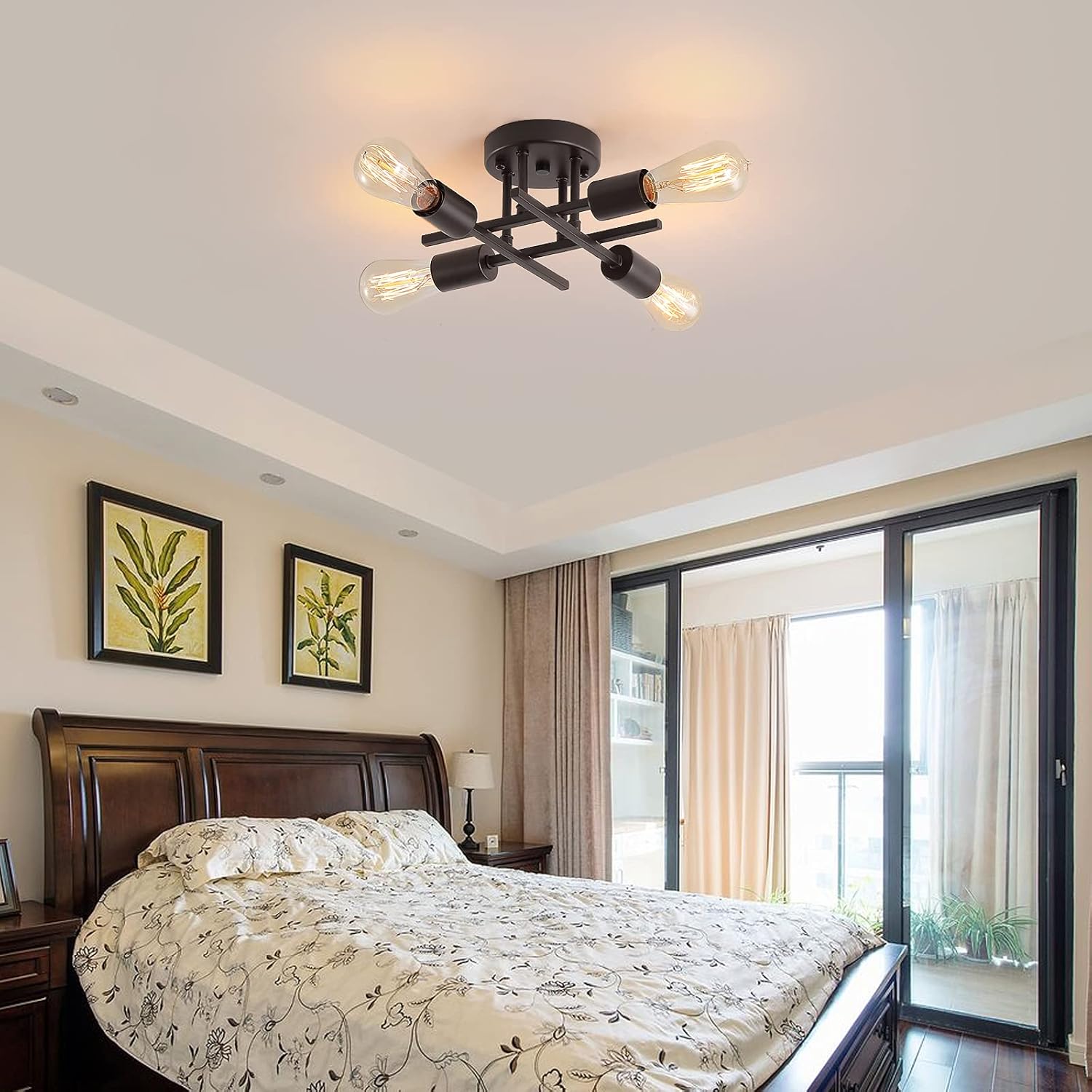 4-Light Semi Flush Mount Ceiling Light Fixtures, Black Mid-Century Modern Industrial Farmhouse Metal Chandelier Lighting Fixtures for Entryway Hallway Bedroom Kitchen Dining Room UL Listed