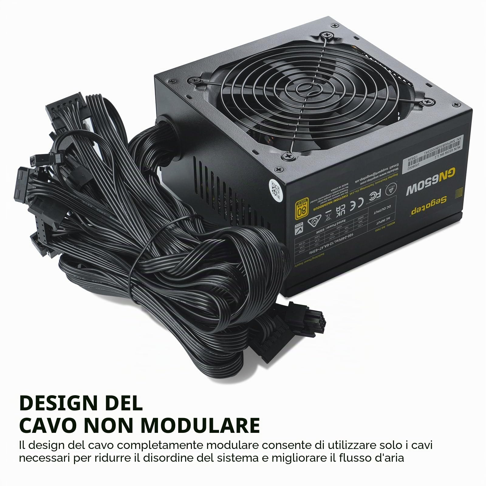 Segotep Alimentatore ATX Gold 80 Plus GN-650 da 650 W, 6+2 pin, PFC, RoHS, ventola silenziosa 120 mm, nero